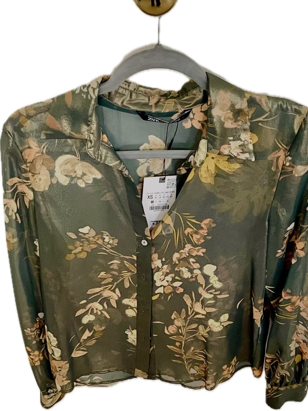 Zara Sheer Floral Button Front Blouse XS NWT Olive Green Romantic Top